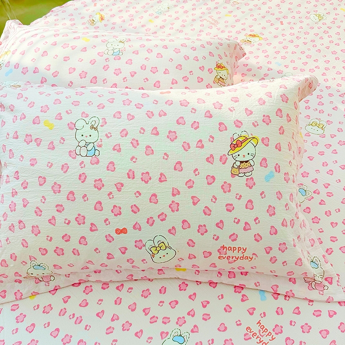 91家纺网 家纺一手货源 找家纺 九诺家纺 2026春夏新款丝柔棉皱皱纱床裙四件套双花边工艺床裙 安妮-星星兔