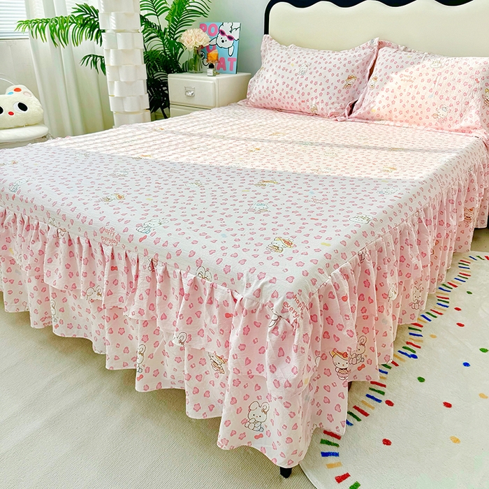 91家纺网 家纺一手货源 找家纺 九诺家纺 2026春夏新款丝柔棉皱皱纱床裙四件套双花边工艺床裙 安妮-星星兔