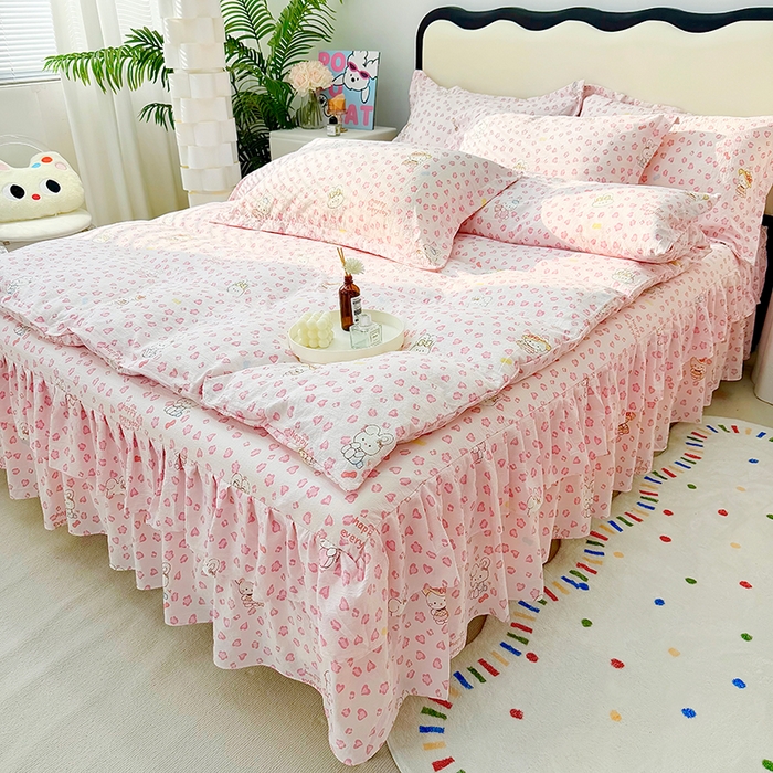 91家纺网 家纺一手货源 找家纺 九诺家纺 2026春夏新款丝柔棉皱皱纱床裙四件套双花边工艺床裙 安妮-星星兔