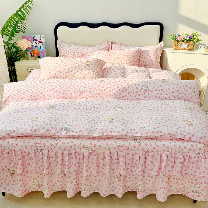 九诺家纺 2026春夏新款丝柔棉皱皱纱床裙四件套双花边工艺床裙 安妮-星星兔