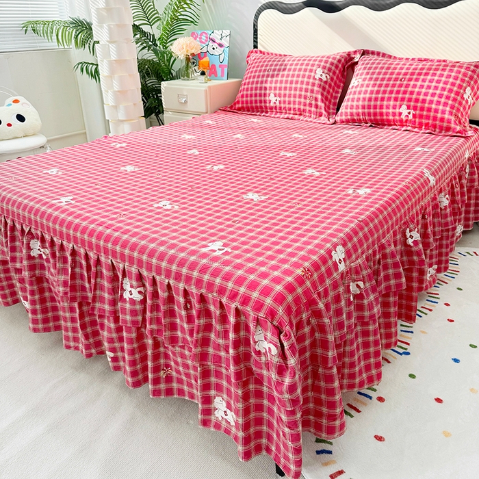 91家纺网 家纺一手货源 找家纺 九诺家纺 2026春夏新款丝柔棉皱皱纱床裙四件套双花边工艺床裙 安妮-幸福飞马