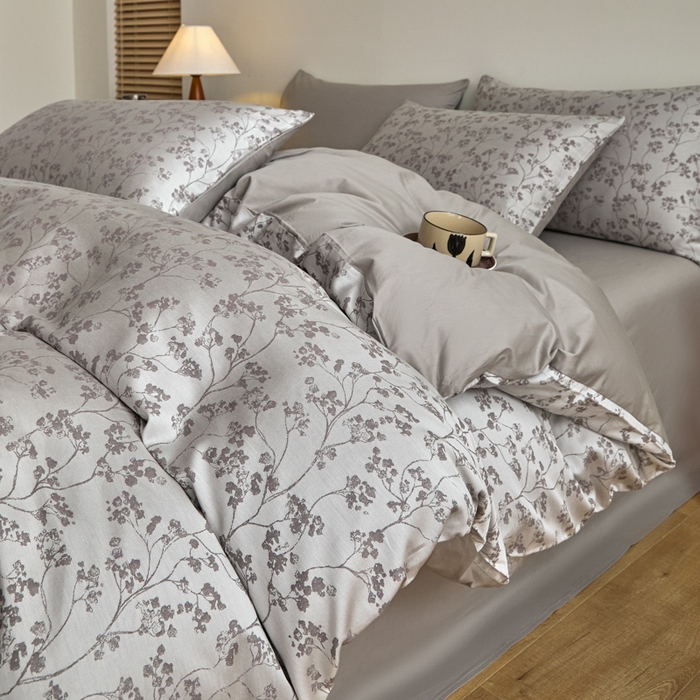 91家纺网 家纺一手货源 找家纺 琪格格纺织 2026新款色织天丝棉提花四件套 春絮-灰