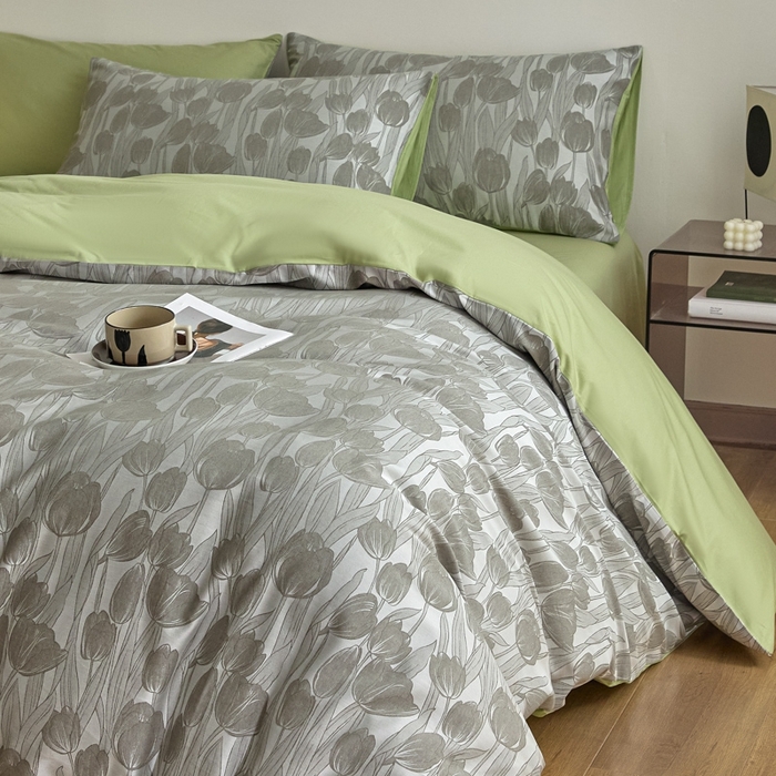 91家纺网 家纺一手货源 找家纺 琪格格纺织 2026新款色织天丝棉提花四件套 风之语-绿