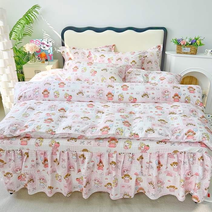 九诺家纺 2026春夏新款丝柔棉皱皱纱床裙四件套双花边工艺床裙 安妮-草莓女孩