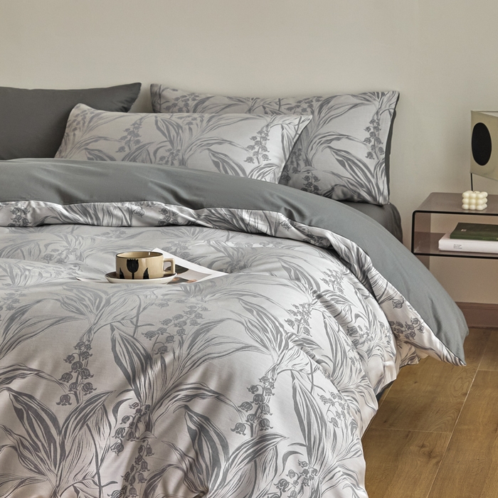 91家纺网 家纺一手货源 找家纺 琪格格纺织 2026新款色织天丝棉提花四件套 风铃草-灰