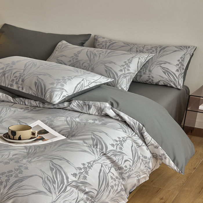 91家纺网 家纺一手货源 找家纺 琪格格纺织 2026新款色织天丝棉提花四件套 风铃草-灰