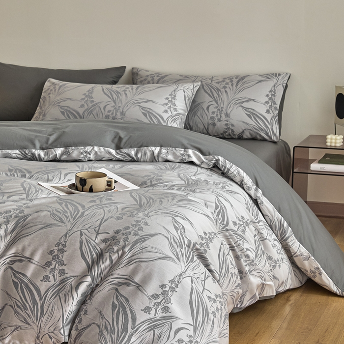 91家纺网 家纺一手货源 找家纺 琪格格纺织 2026新款色织天丝棉提花四件套 风铃草-灰