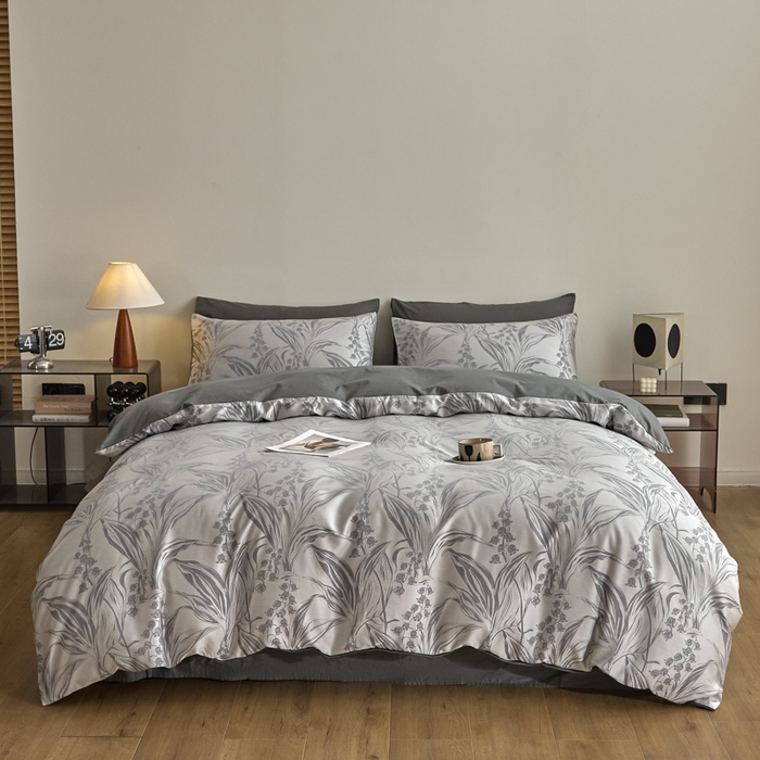 91家纺网 家纺一手货源 找家纺 琪格格纺织 2026新款色织天丝棉提花四件套 风铃草-灰