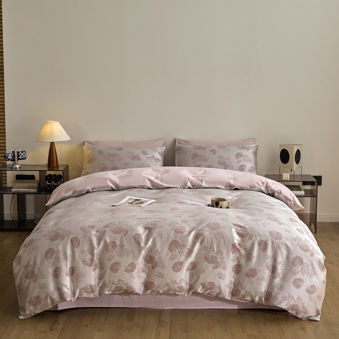 91家纺网 家纺一手货源 找家纺 琪格格纺织 2026新款色织天丝棉提花四件套 松林果-粉紫