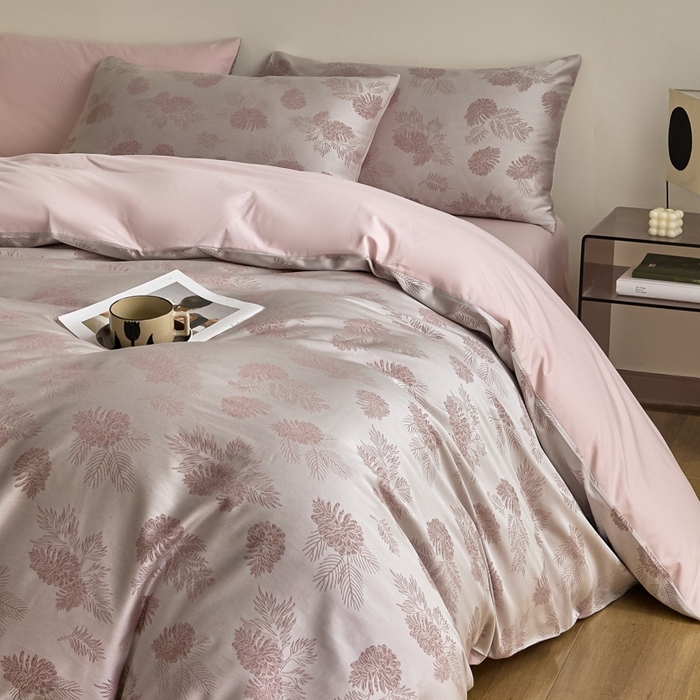 琪格格纺织 2026新款色织天丝棉提花四件套 松林果-粉紫