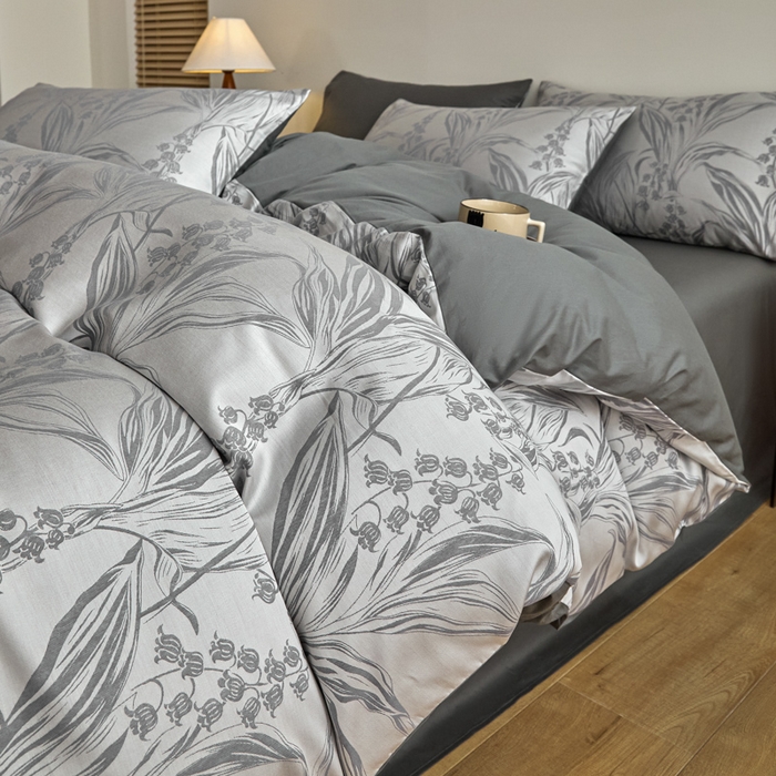 91家纺网 家纺一手货源 找家纺 琪格格纺织 2026新款色织天丝棉提花四件套 风铃草-灰