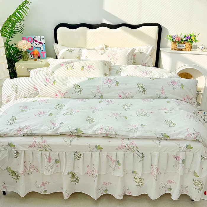 九诺家纺 2026春夏新款丝柔棉皱皱纱床裙四件套双花边工艺床裙 安妮-春意安然