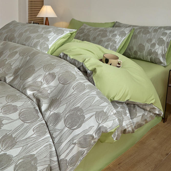 91家纺网 家纺一手货源 找家纺 琪格格纺织 2026新款色织天丝棉提花四件套 风之语-绿