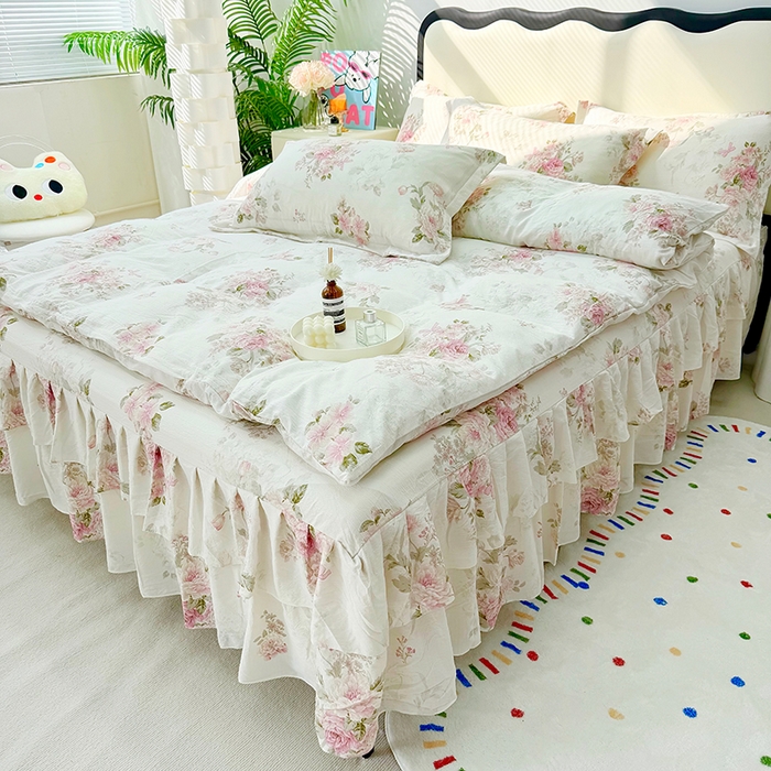 91家纺网 家纺一手货源 找家纺 九诺家纺 2026春夏新款丝柔棉皱皱纱床裙四件套双花边工艺床裙 安妮-花谷