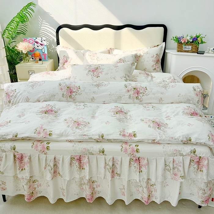 九诺家纺 2026春夏新款丝柔棉皱皱纱床裙四件套双花边工艺床裙 安妮-花谷