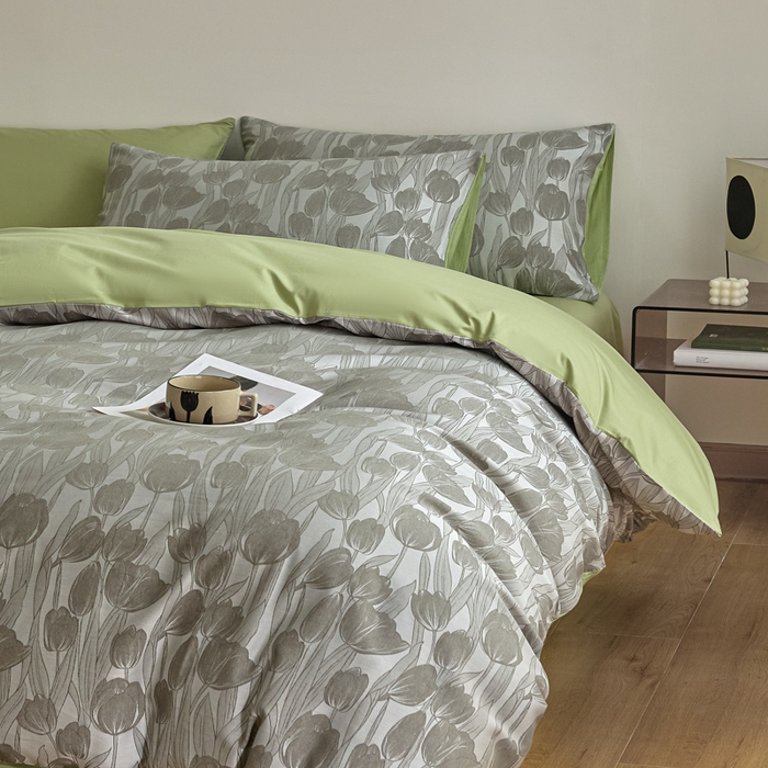 91家纺网 家纺一手货源 找家纺 琪格格纺织 2026新款色织天丝棉提花四件套 风之语-绿