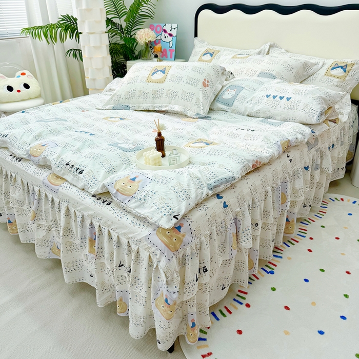 91家纺网 家纺一手货源 找家纺 九诺家纺 2026春夏新款丝柔棉皱皱纱床裙四件套双花边工艺床裙 安妮-喵喵物语