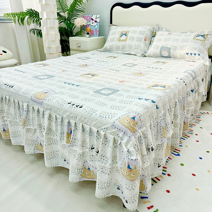 91家纺网 家纺一手货源 找家纺 九诺家纺 2026春夏新款丝柔棉皱皱纱床裙四件套双花边工艺床裙 安妮-喵喵物语