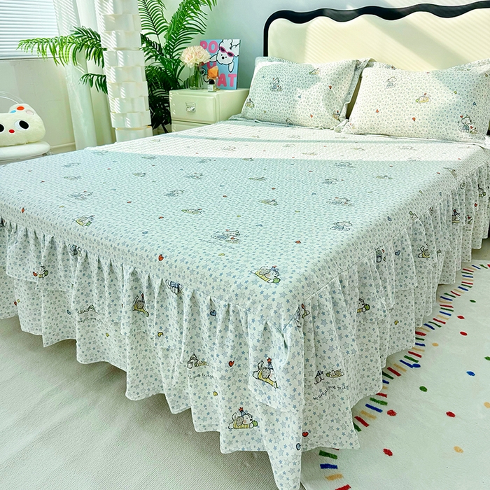 91家纺网 家纺一手货源 找家纺 九诺家纺 2026春夏新款丝柔棉皱皱纱床裙四件套双花边工艺床裙 安妮-暖心小狗