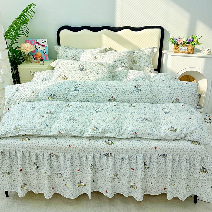 九诺家纺 2026春夏新款丝柔棉皱皱纱床裙四件套双花边工艺床裙 安妮-暖心小狗