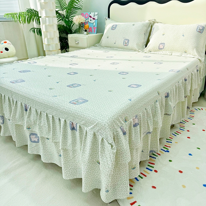 91家纺网 家纺一手货源 找家纺 九诺家纺 2026春夏新款丝柔棉皱皱纱床裙四件套双花边工艺床裙 安妮-甜酷猫咪