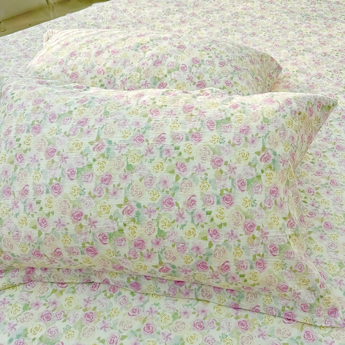 91家纺网 家纺一手货源 找家纺 九诺家纺 2026春夏新款丝柔棉皱皱纱床裙四件套双花边工艺床裙 安妮-紫薇花