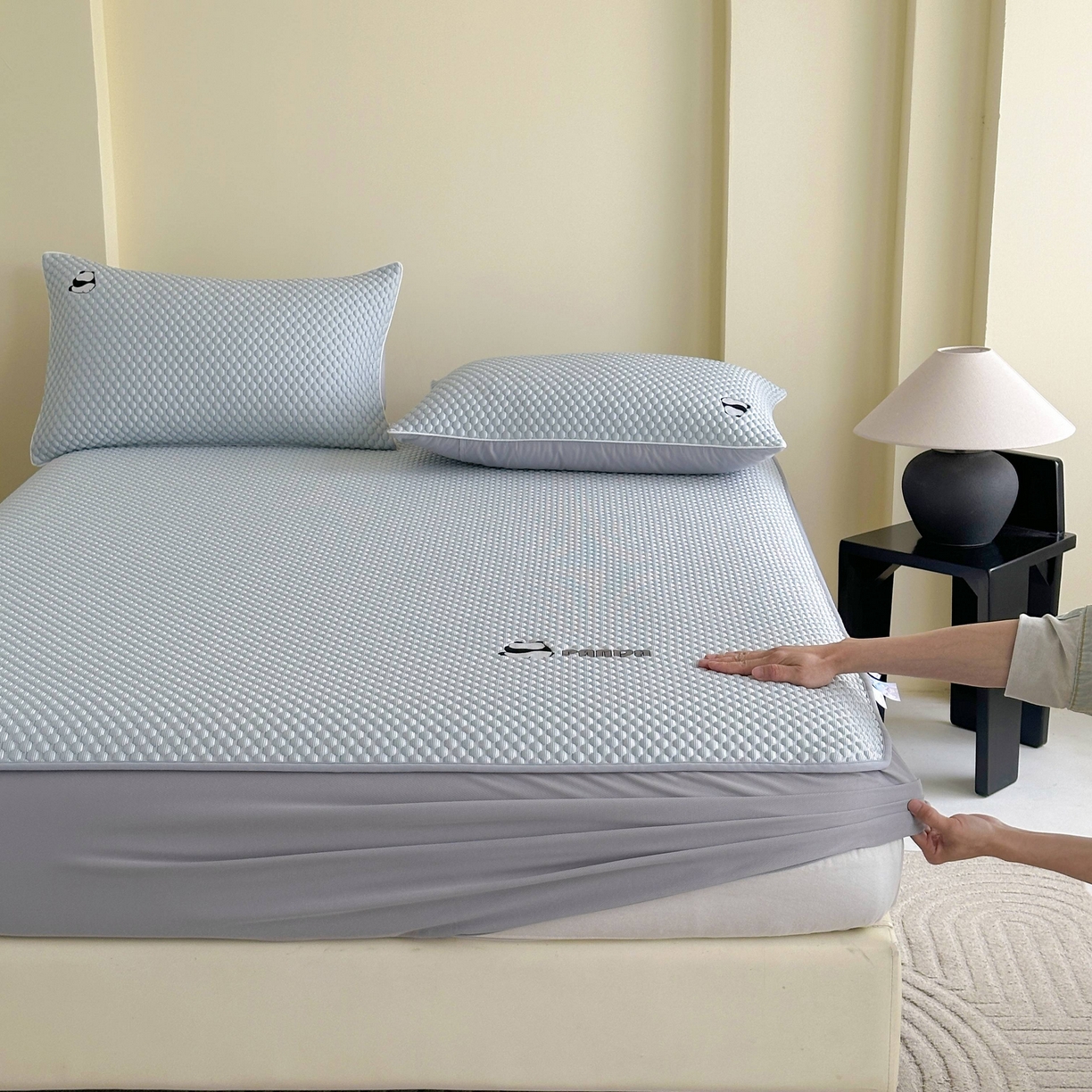 91家纺网 家纺一手货源 找家纺 禧禾 2026新款PE中分子A类泡小豆暗纹提花凉席席子三件套-星涧 星涧-浅灰