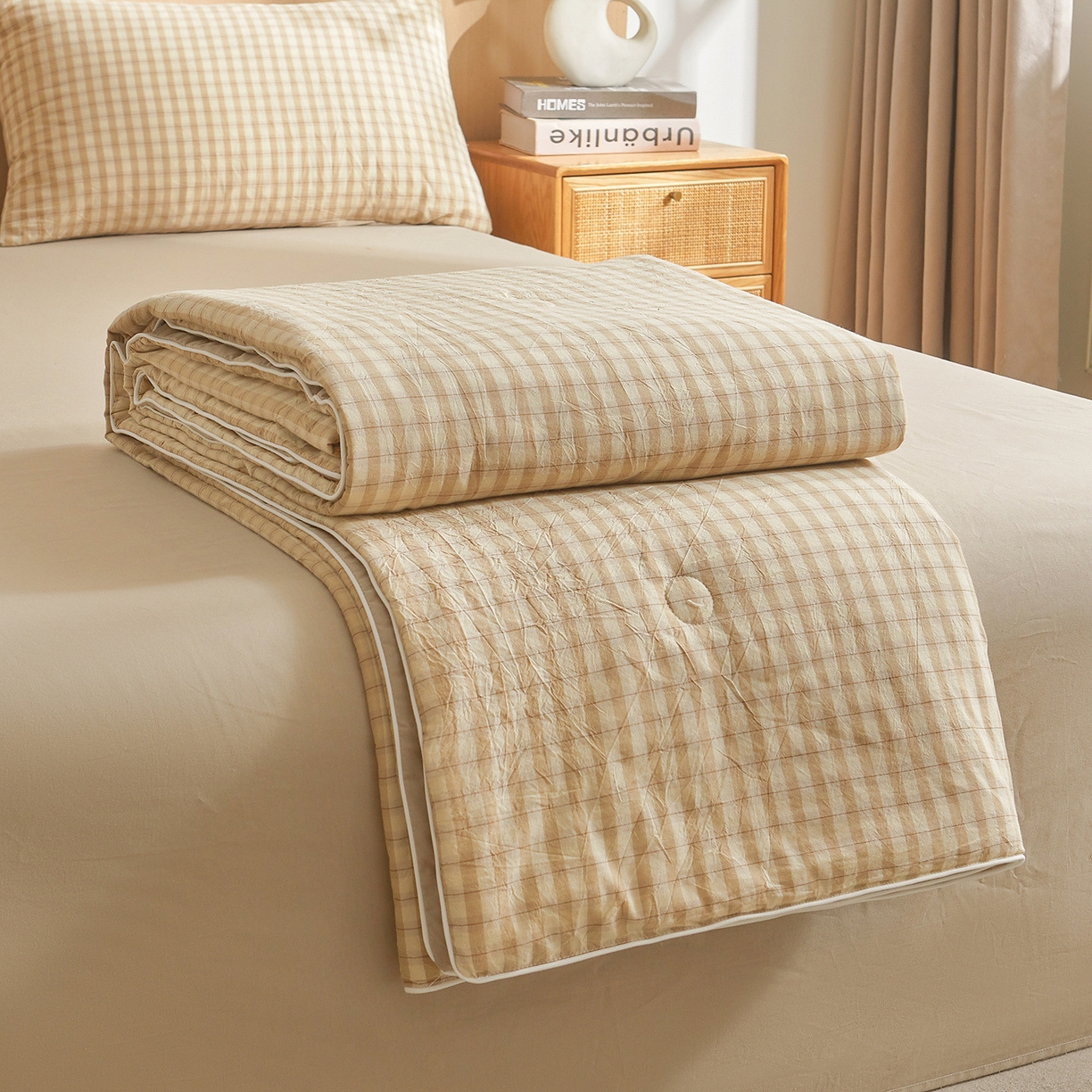 91家纺网 家纺一手货源 找家纺 典冠 2025新款A类全棉色织水洗棉夏被夏凉被 朵拉咖