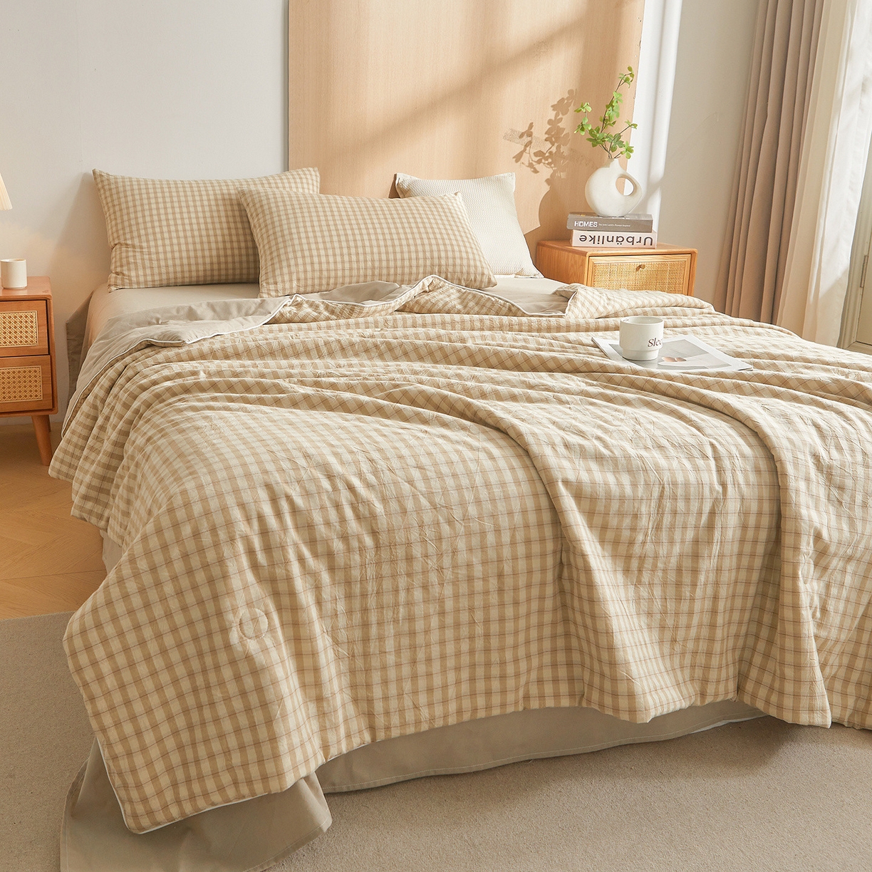 91家纺网 家纺一手货源 找家纺 典冠 2025新款A类全棉色织水洗棉夏被夏凉被 朵拉咖