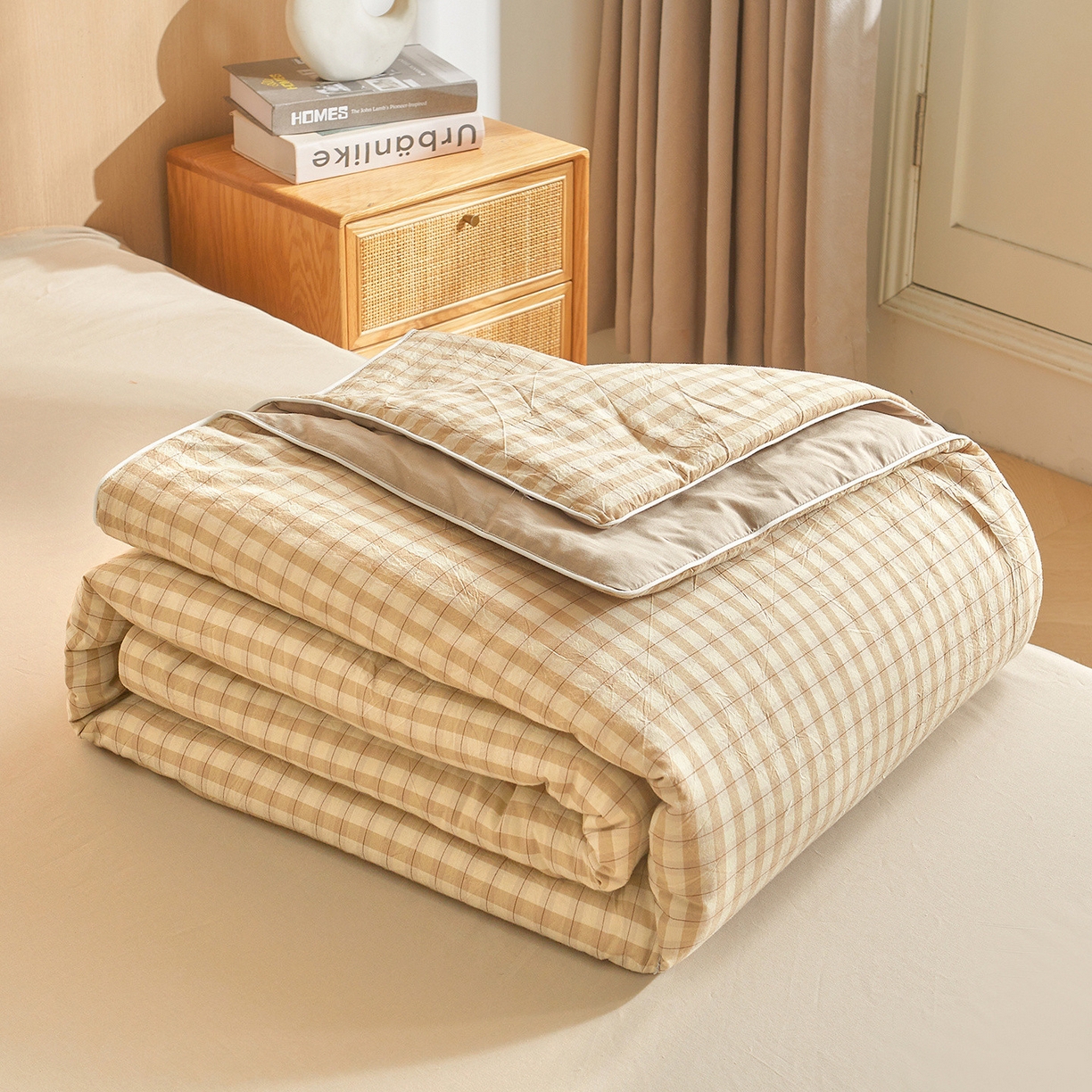 91家纺网 家纺一手货源 找家纺 典冠 2025新款A类全棉色织水洗棉夏被夏凉被 朵拉咖