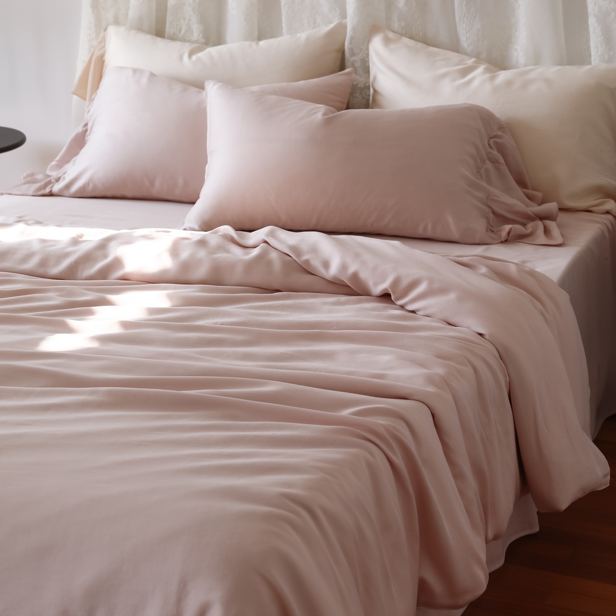 91家纺网 家纺一手货源 找家纺 初拾 2026新款60支水洗兰精天丝”慵懒风“四件套-美人鱼 美人鱼-山茶烟粉