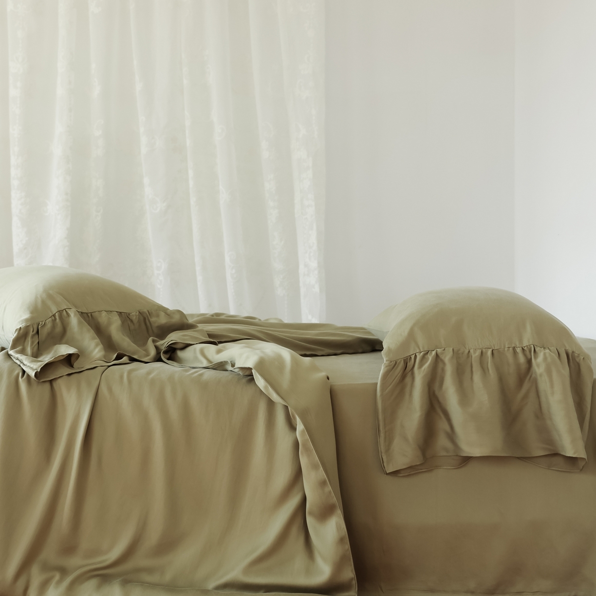 91家纺网 家纺一手货源 找家纺 初拾 2026新款60支水洗兰精天丝”慵懒风“四件套-美人鱼 美人鱼-茉香奶绿