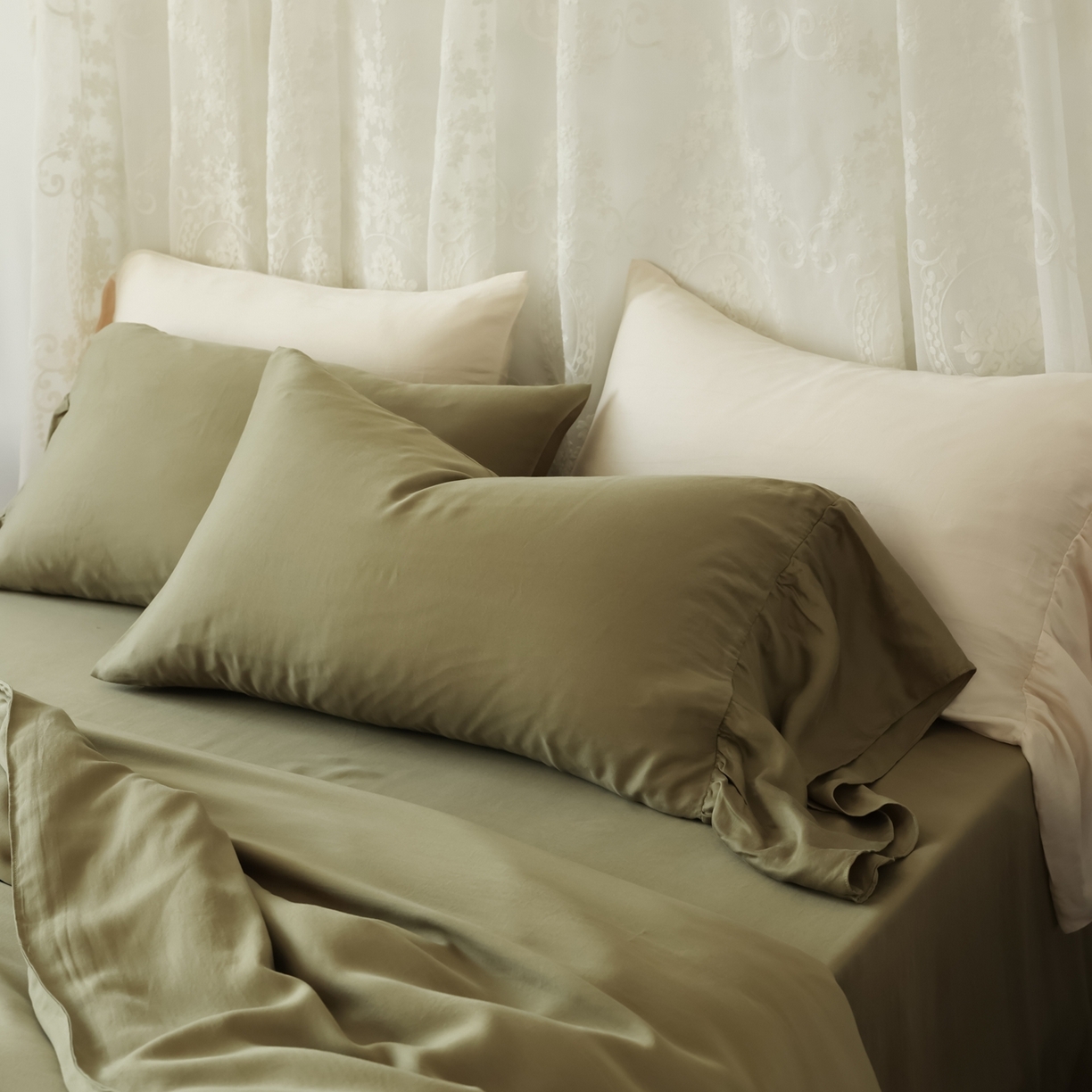 91家纺网 家纺一手货源 找家纺 初拾 2026新款60支水洗兰精天丝”慵懒风“四件套-美人鱼 美人鱼-茉香奶绿