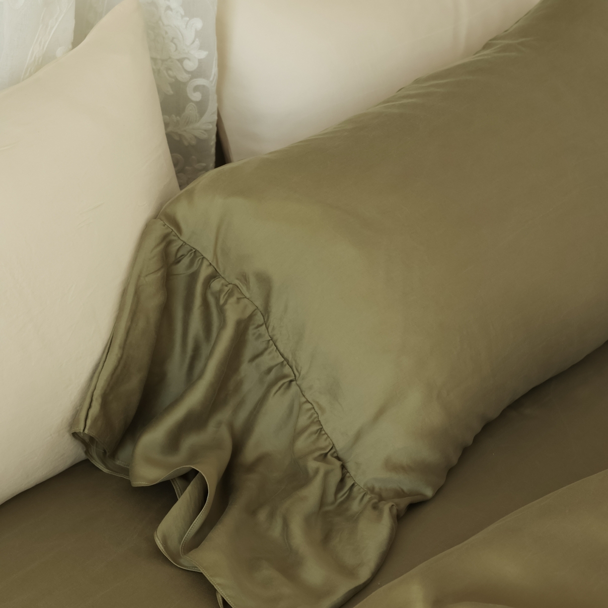 91家纺网 家纺一手货源 找家纺 初拾 2026新款60支水洗兰精天丝”慵懒风“四件套-美人鱼 美人鱼-茉香奶绿