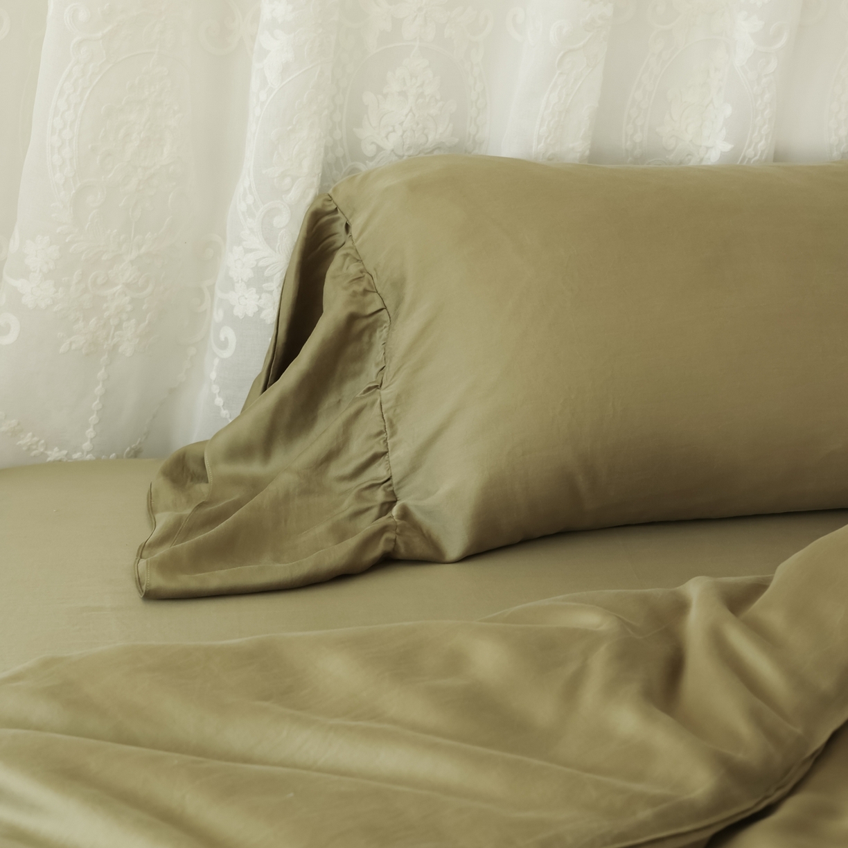 91家纺网 家纺一手货源 找家纺 初拾 2026新款60支水洗兰精天丝”慵懒风“四件套-美人鱼 美人鱼-茉香奶绿