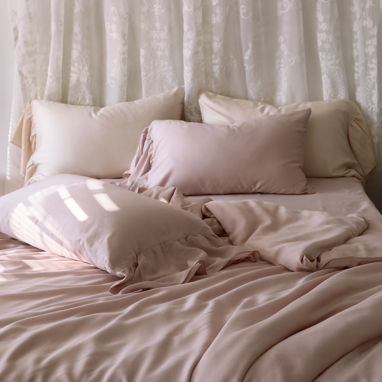 91家纺网 家纺一手货源 找家纺 初拾 2026新款60支水洗兰精天丝”慵懒风“四件套-美人鱼 美人鱼-山茶烟粉