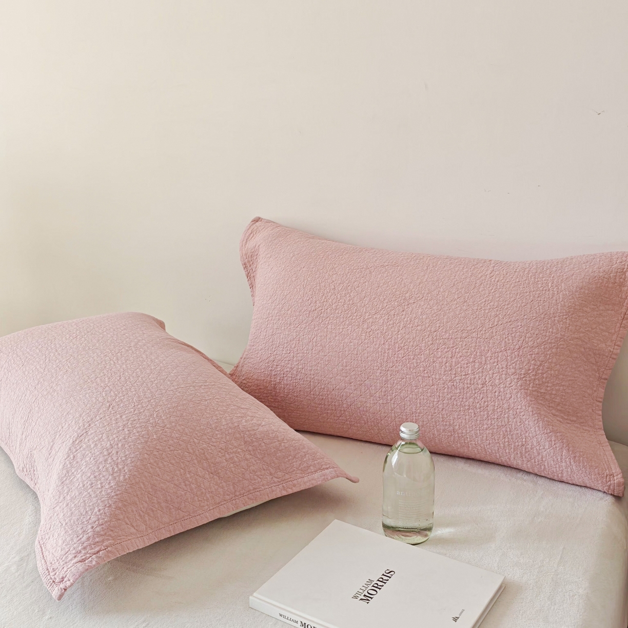 沐瑟家纺 2026新款无印风格子款枕巾 素格-粉色