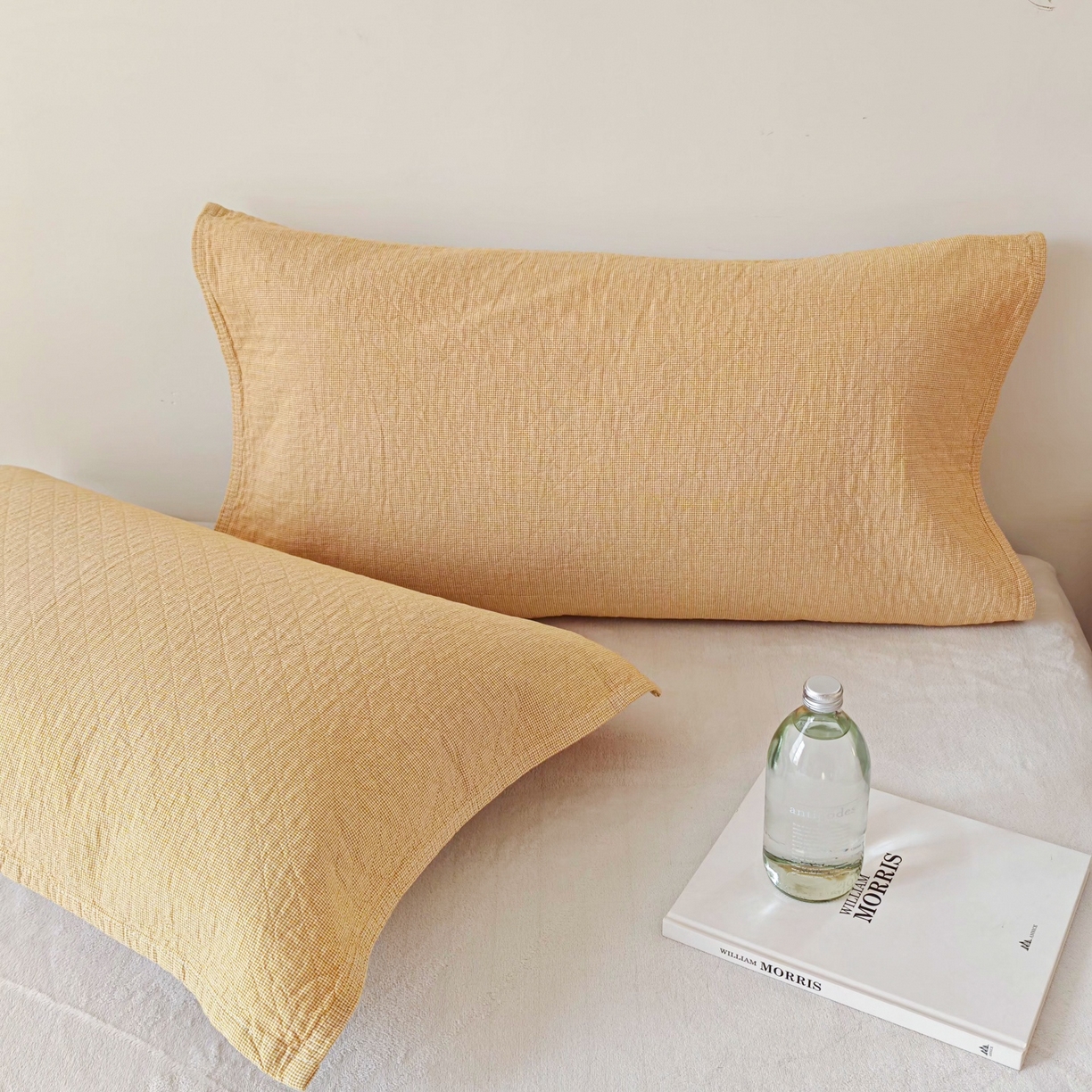 沐瑟家纺 2026新款无印风格子款枕巾 米格-黄色