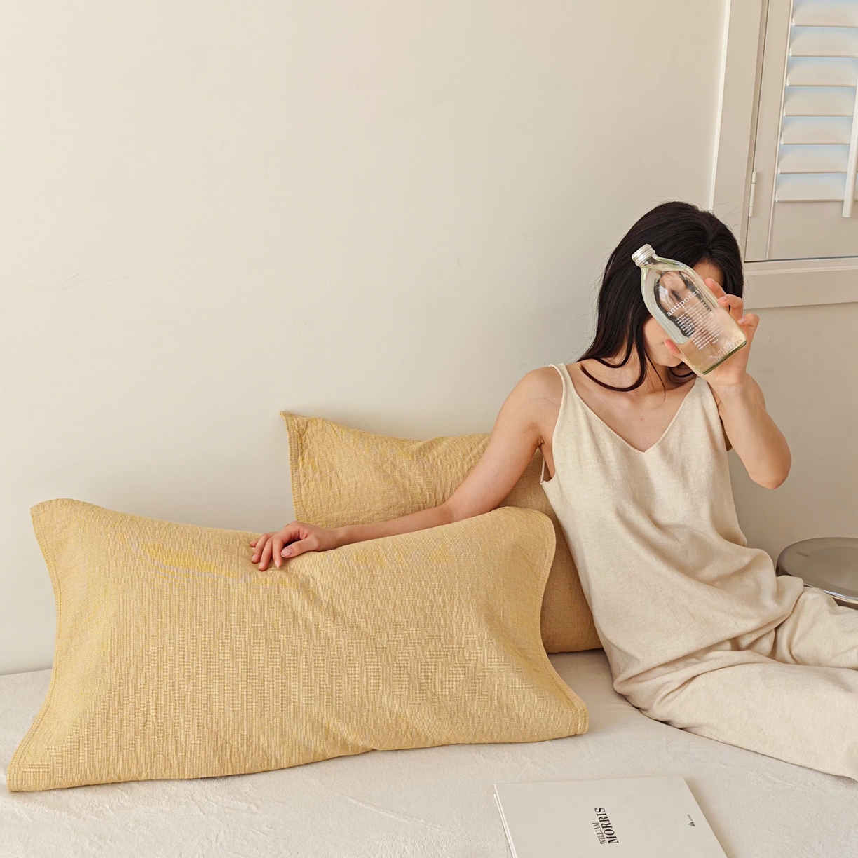 91家纺网 家纺一手货源 找家纺 沐瑟家纺 2026新款无印风格子款枕巾 米格-黄色