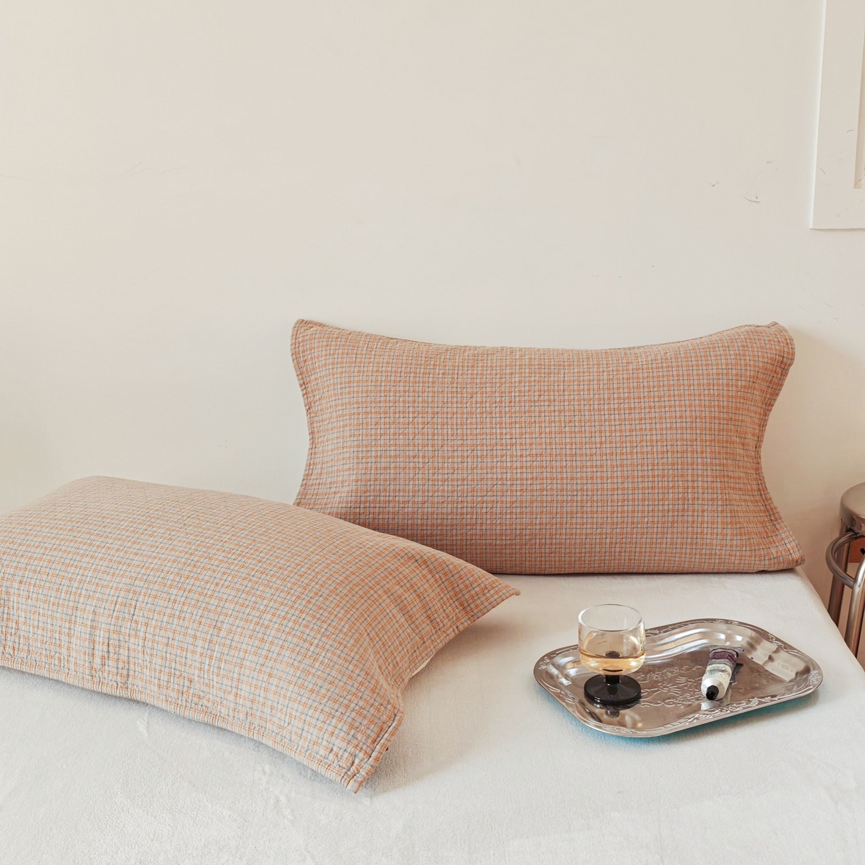 沐瑟家纺 2026新款无印风格子款枕巾 芸榕-卡其