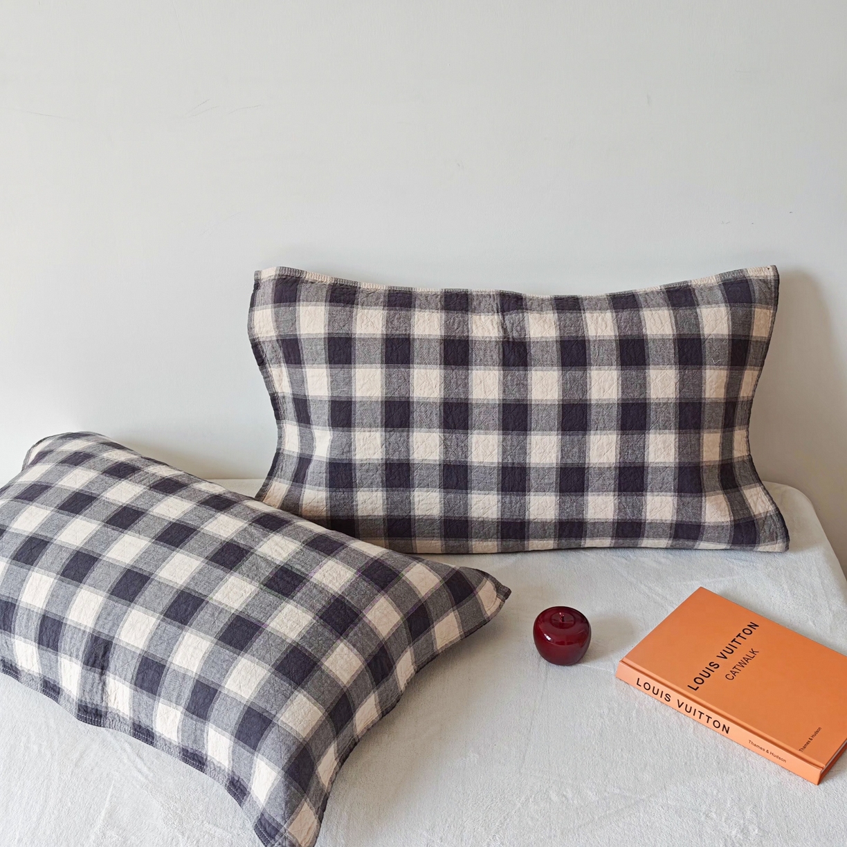 沐瑟家纺 2026新款无印风格子款枕巾 华夫生活-深灰