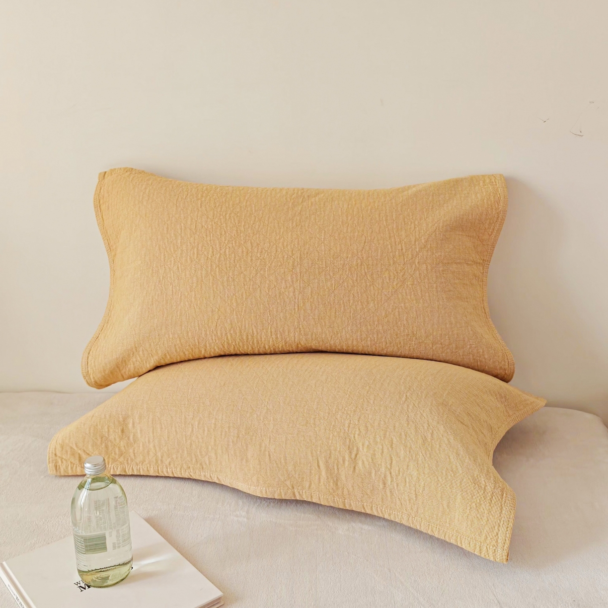 91家纺网 家纺一手货源 找家纺 沐瑟家纺 2026新款无印风格子款枕巾 米格-黄色