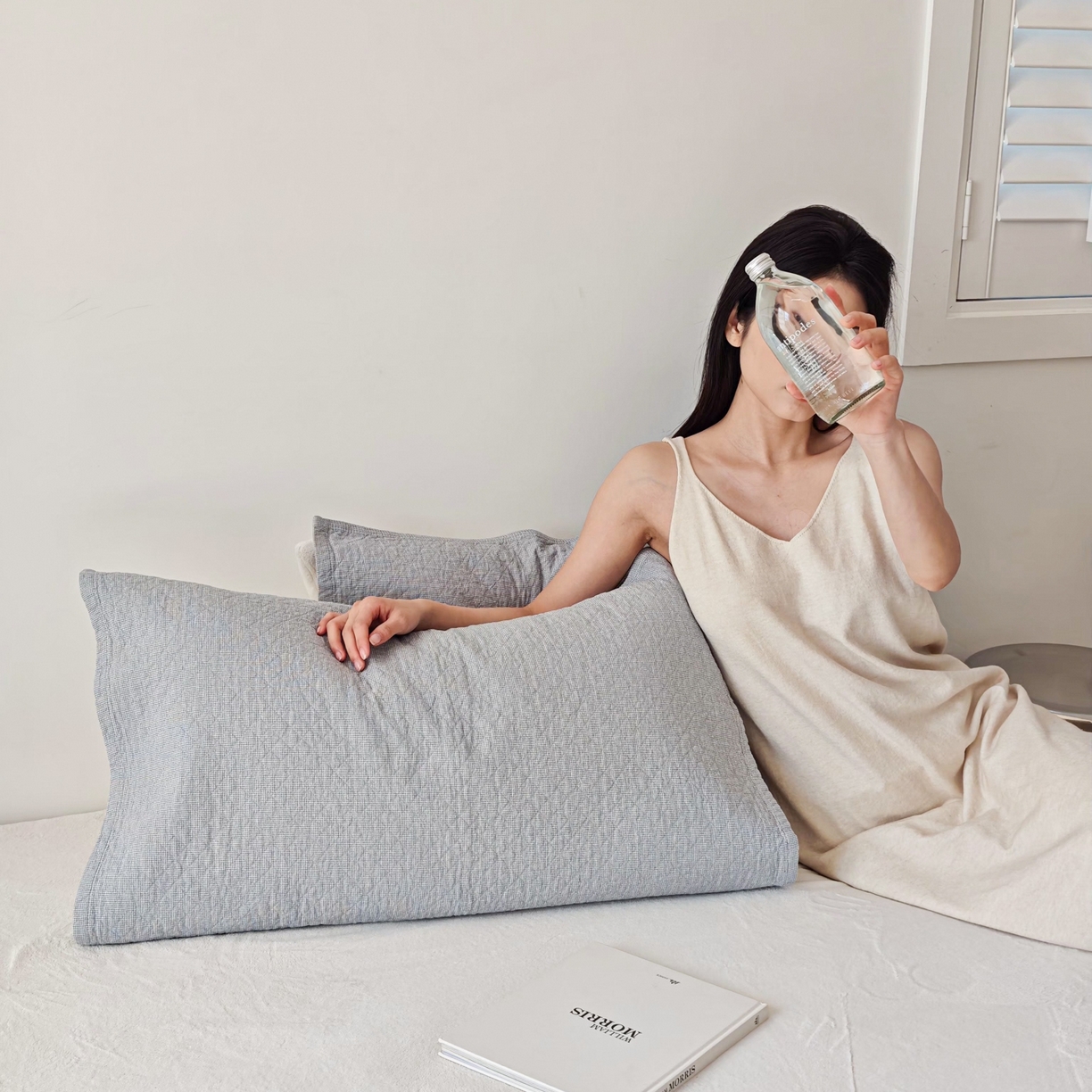 91家纺网 家纺一手货源 找家纺 沐瑟家纺 2026新款无印风格子款枕巾 米格-浅蓝