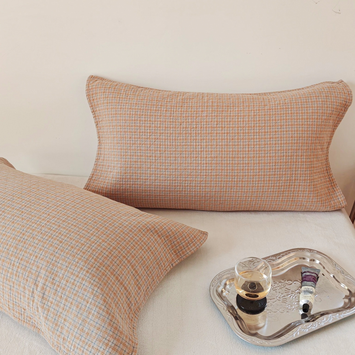 91家纺网 家纺一手货源 找家纺 沐瑟家纺 2026新款无印风格子款枕巾 芸榕-卡其