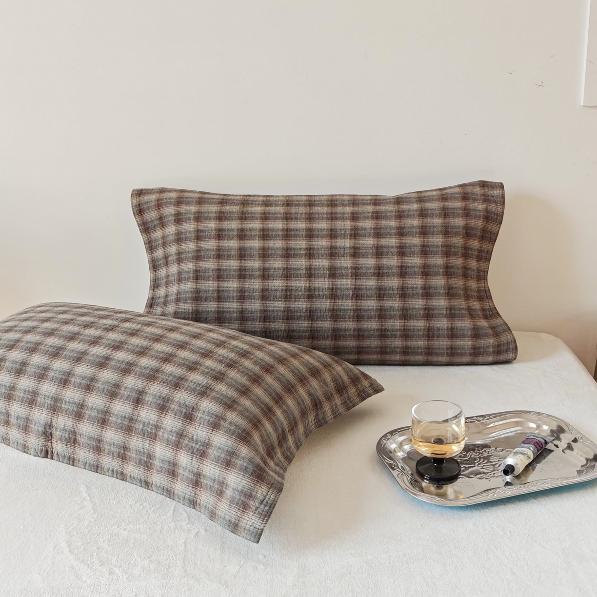 沐瑟家纺 2026新款无印风格子款枕巾 芸柚-深灰