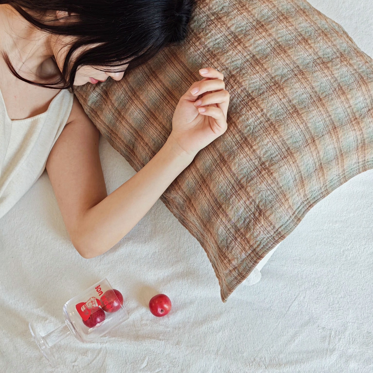 91家纺网 家纺一手货源 找家纺 沐瑟家纺 2026新款无印风格子款枕巾 芸柚-卡其