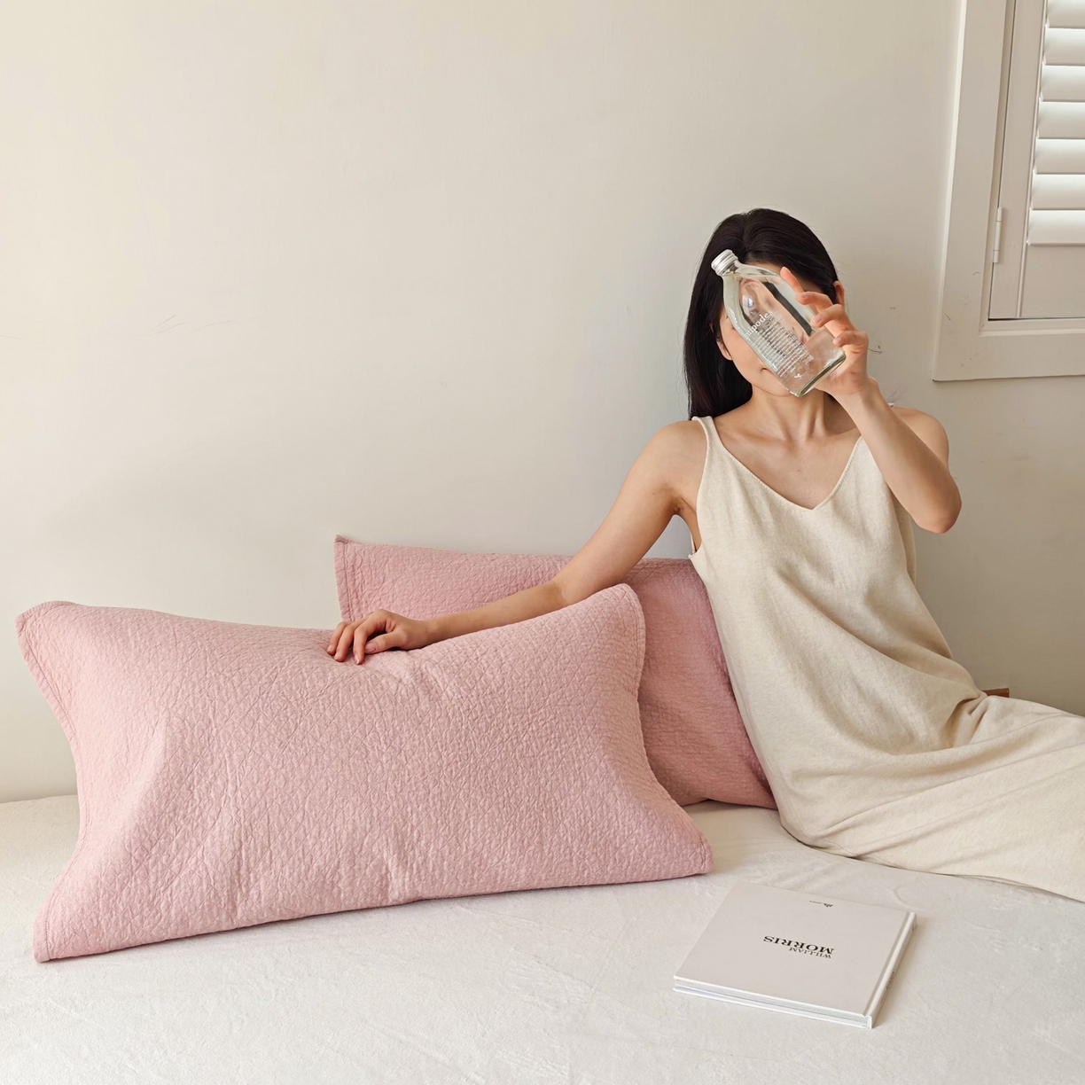 91家纺网 家纺一手货源 找家纺 沐瑟家纺 2026新款无印风格子款枕巾 素格-粉色