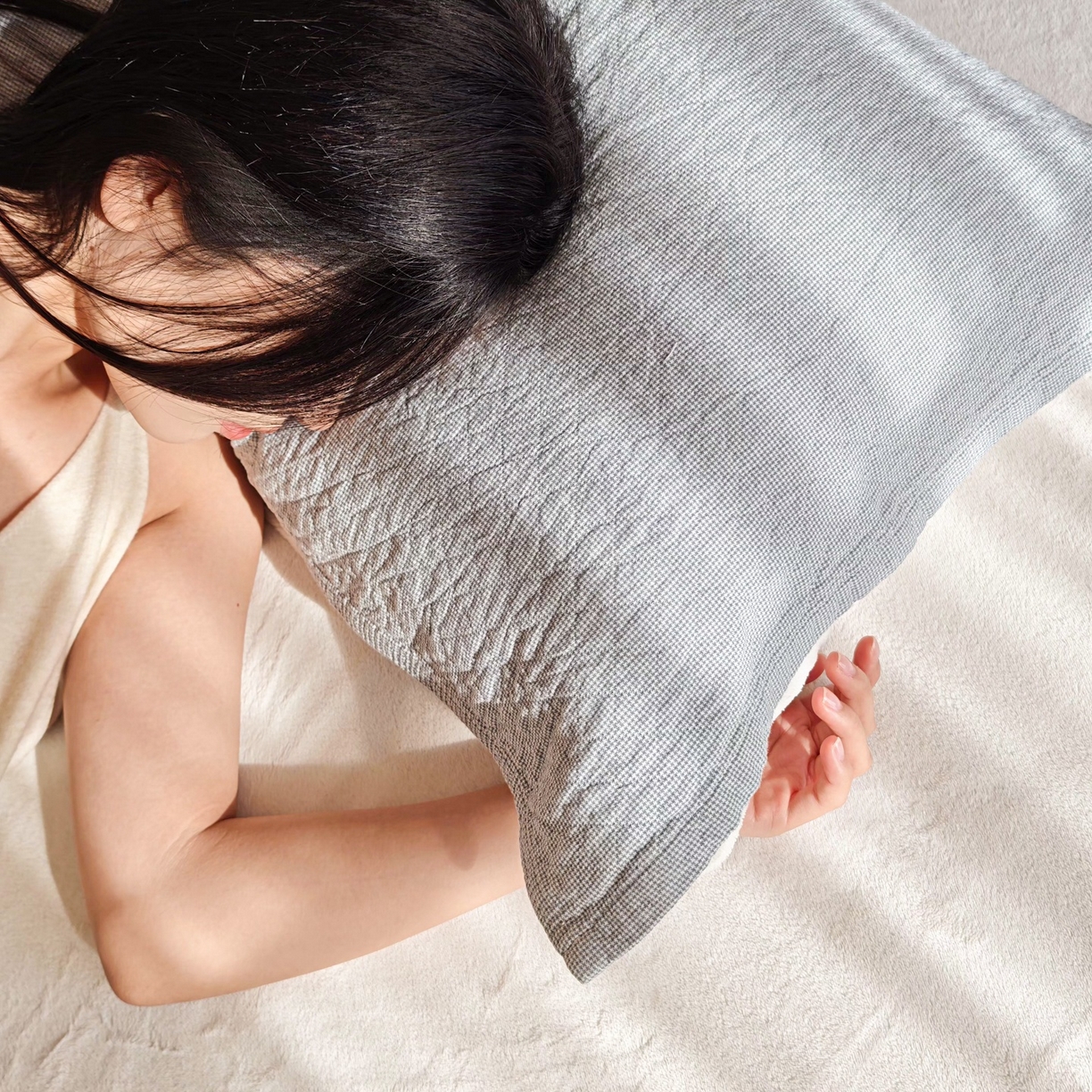 91家纺网 家纺一手货源 找家纺 沐瑟家纺 2026新款无印风格子款枕巾 米格-浅蓝