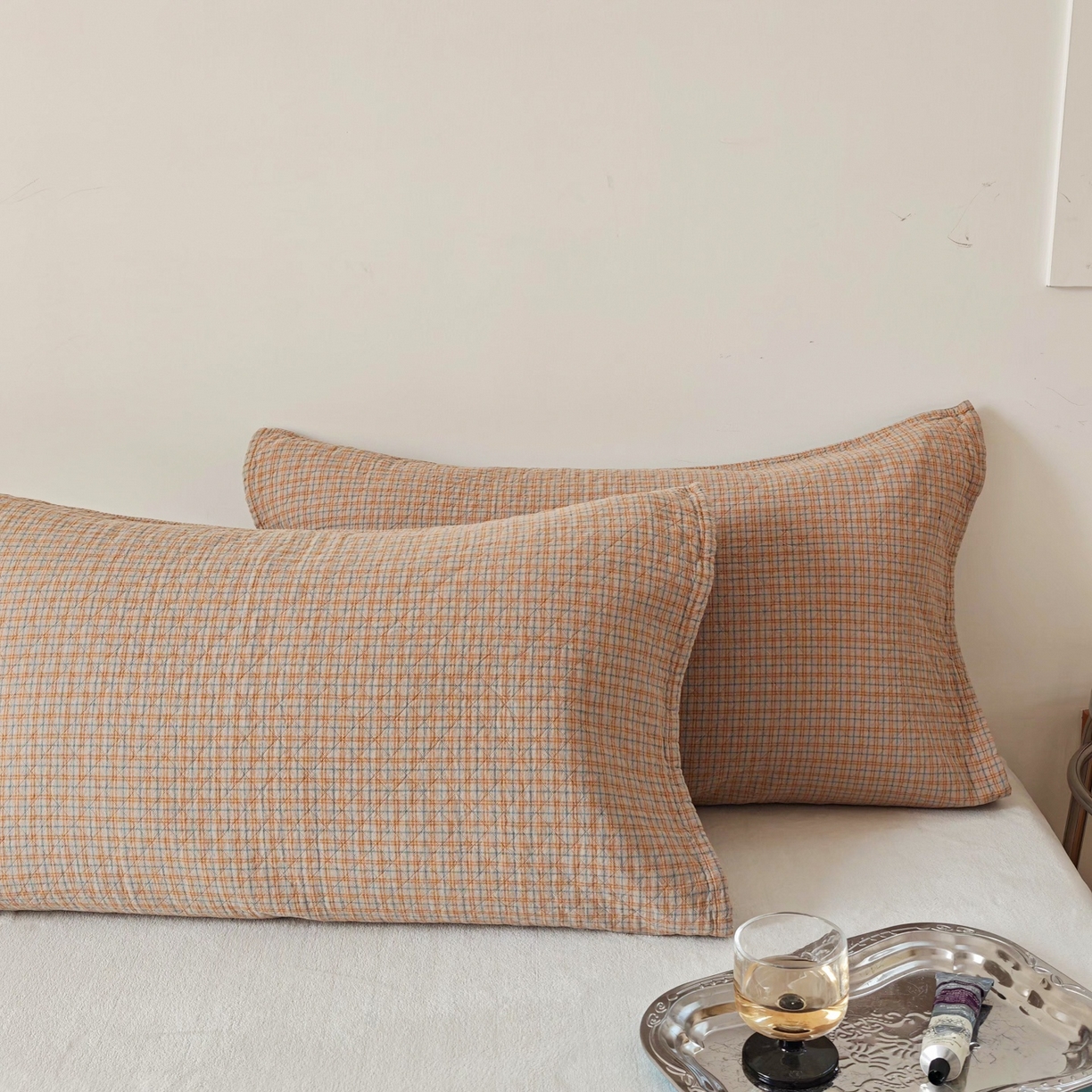 91家纺网 家纺一手货源 找家纺 沐瑟家纺 2026新款无印风格子款枕巾 芸榕-卡其