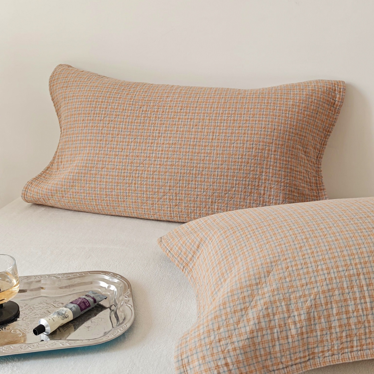 91家纺网 家纺一手货源 找家纺 沐瑟家纺 2026新款无印风格子款枕巾 芸榕-卡其